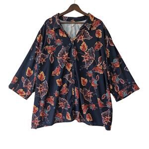 Catherines Womens Navy Orange‎ Fall Leaves Print Button-Down Shirt Plus Size 4X